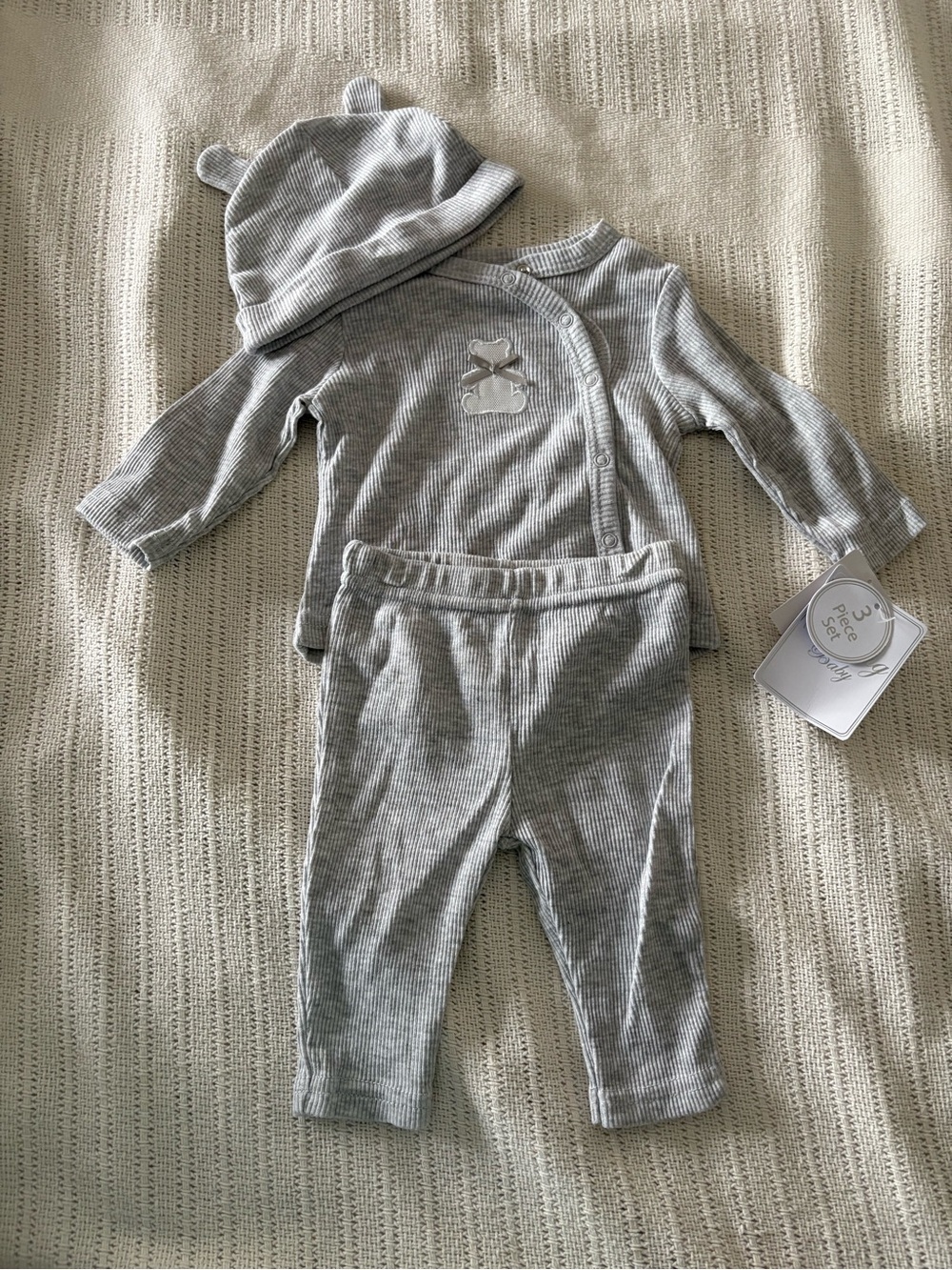 Gray Ribbed Baby Matching Set with Bear Accent